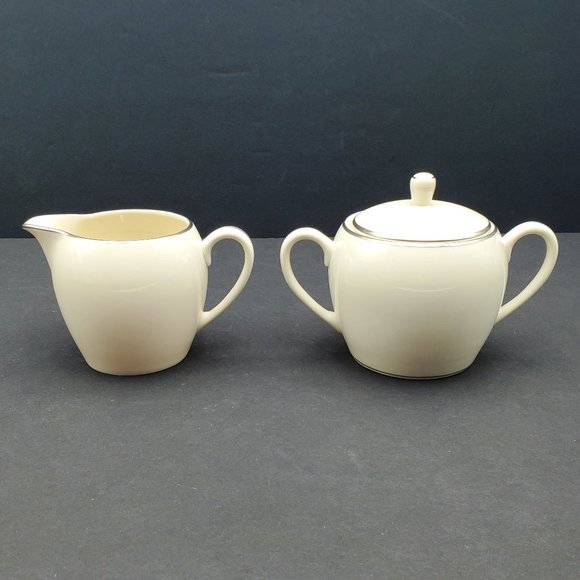 Pickard China Pristine Creamer & Sugar Bowl with Lid Ivory with Platinum Trim - Picture 4 of 10